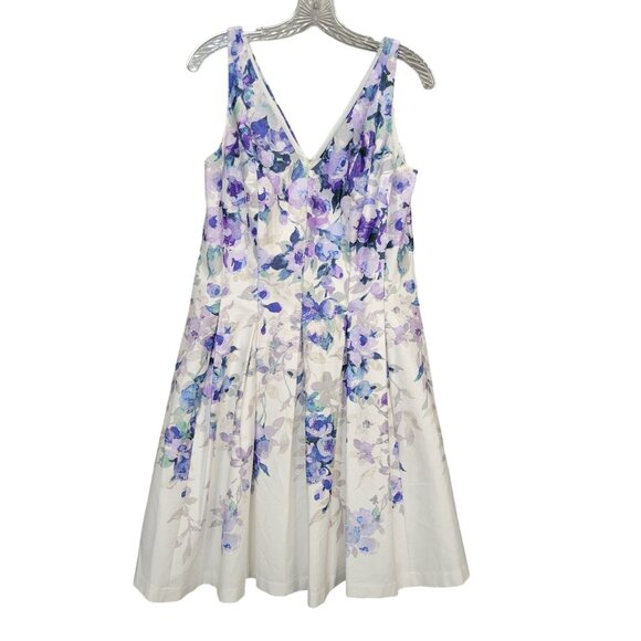 LRL Ralph Lauren Size 10 Dress Floral Fit Flare Pleated Full Skirt Purple Blue - Picture 2 of 11